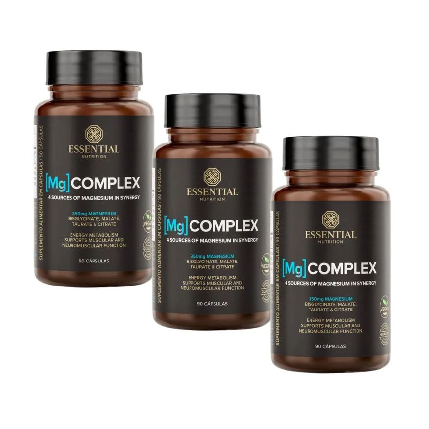 3x Kit Mg Complex – 4 Tipos de Magnésio – 90 cápsulas – Essential Nutrition