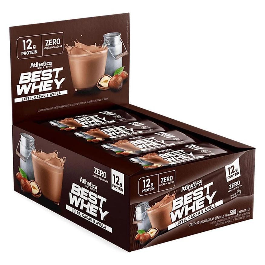 Proteica Barra Best Whey – 12 Barras 49g Leite, Cacau e Avelã – Atlhetica Nutrition