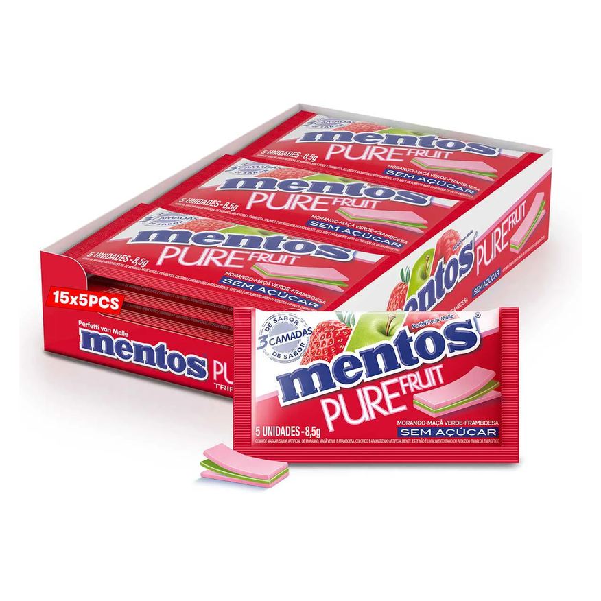 Pure Mentos Fruit Chiclete Sem Açúcar Sabor Morango Maçã Verde e Framboesa com 5 unidades