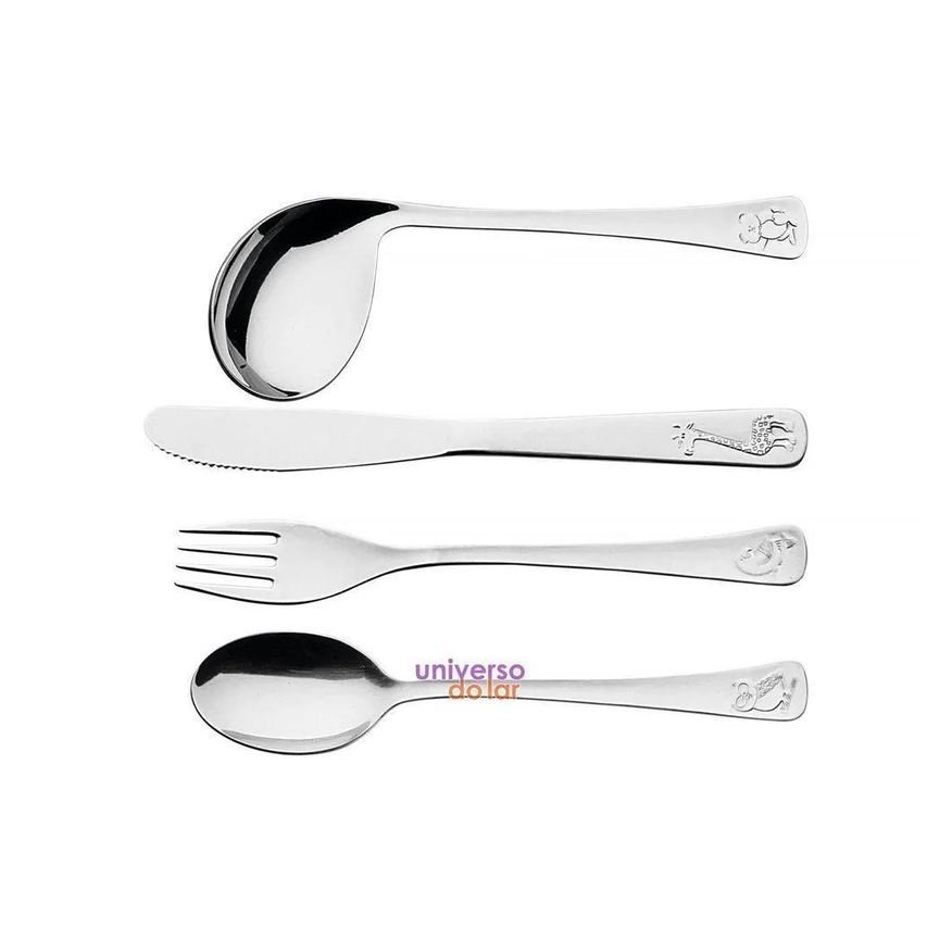 Tramontina Jogo De Talheres Infantil Acabamento Brilho Com Desenho Em Alto Relevo 4 Peças Aço Inox