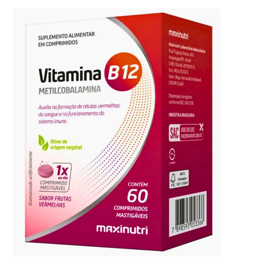 Maxinutri Vitamina B12 Metilcobalamina Sublingual Mastigáveis 60cp