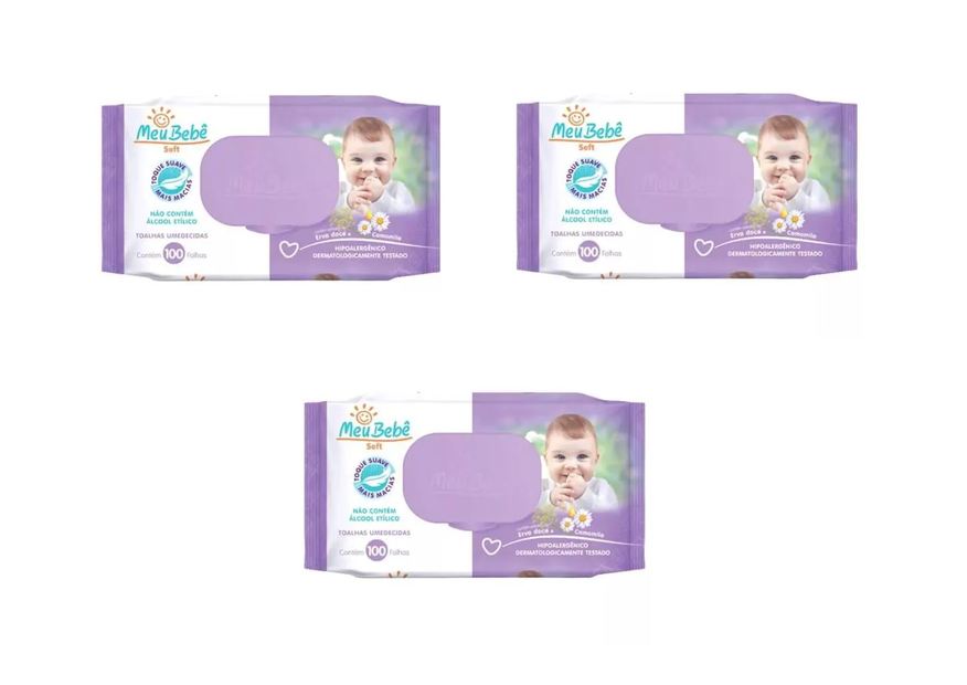 Meu Bebê Kit 3 Lenço Umedecido Soft Hipoalergênico 100un