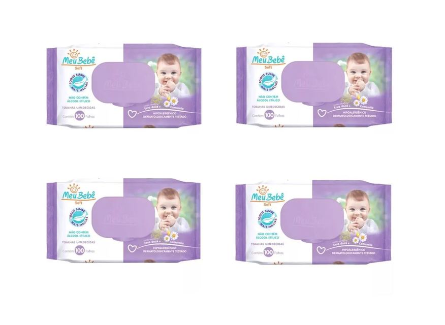 Meu Bebê Kit 4 Lenço Umedecido Soft Hipoalergênico 100un
