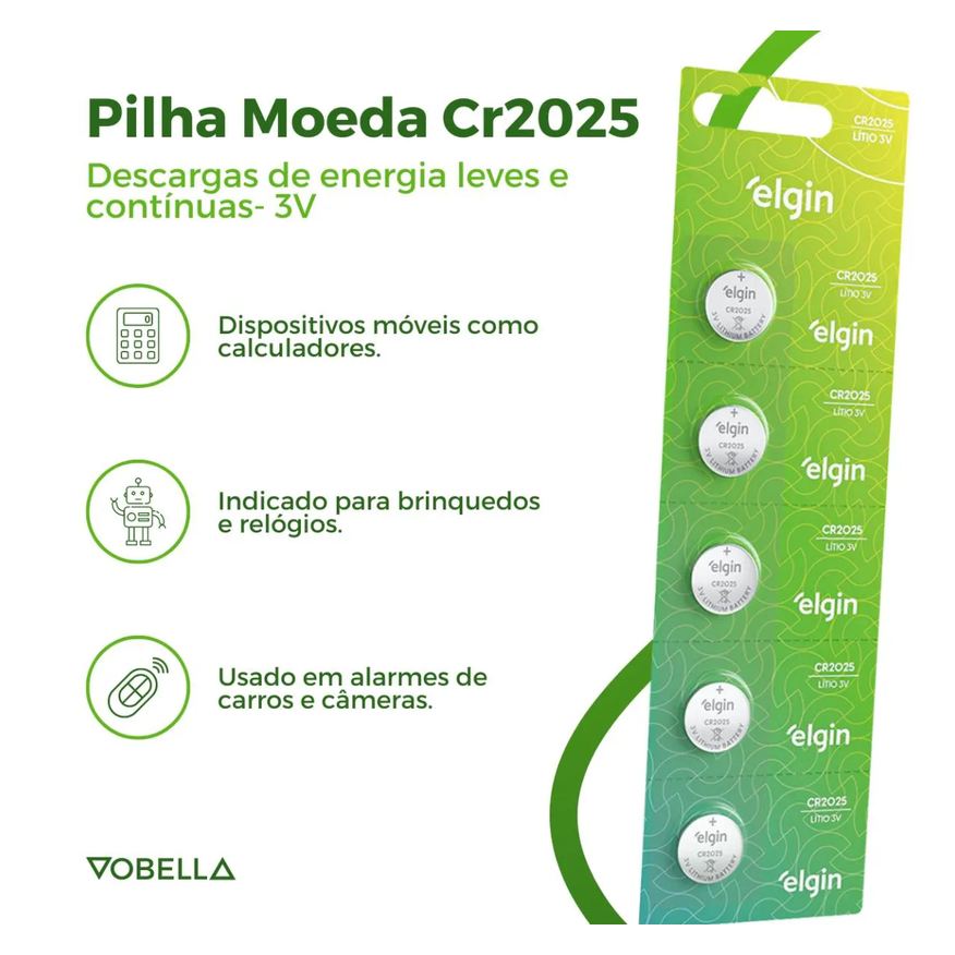 Baterias 5 Pilha Moeda Cr2025 3v Blister Cartela Elgin