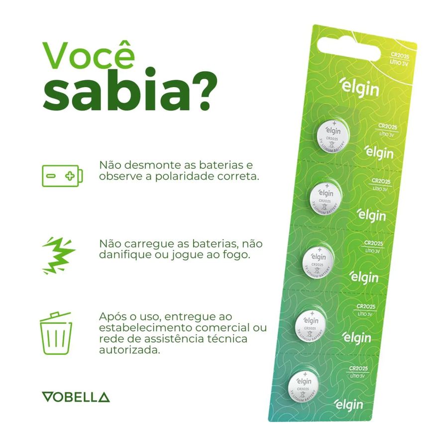Baterias 5 Pilha Moeda Cr2025 3v Blister Cartela Elgin