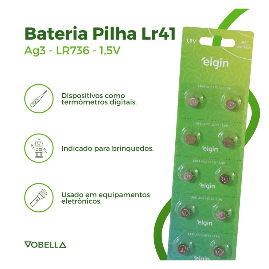 Baterias 10 Pilhas Alcalina Lr41 1,5v Blister Cartela Elgin
