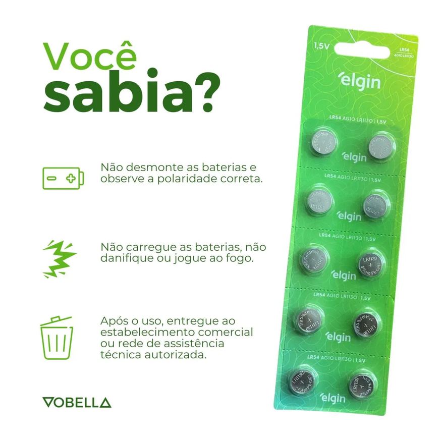 Baterias 10 Pilhas Alcalina Lr54 1,5v Blister Cartela Elgin
