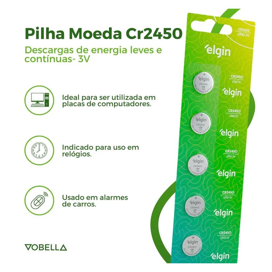 Baterias 5 Pilha Moeda Cr2450 3V 1 Cartela Brinquedos Elgin