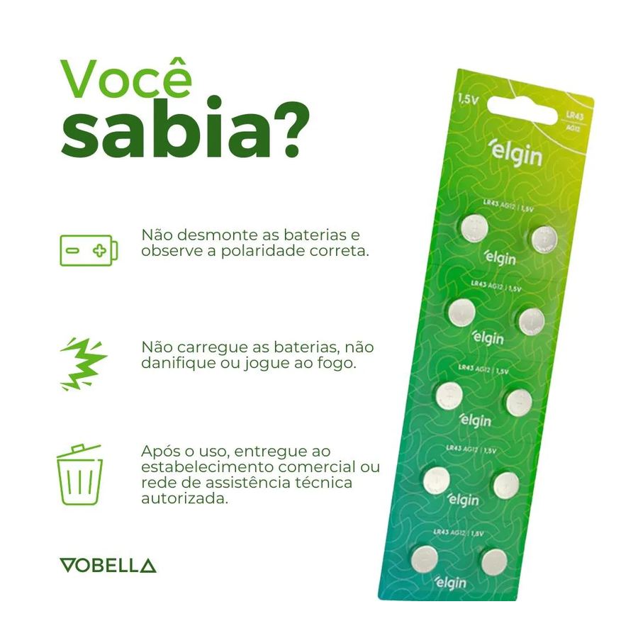 Baterias 10 Pilha Botão Lr43 1,5V Ag12 1 Cartela Elgin