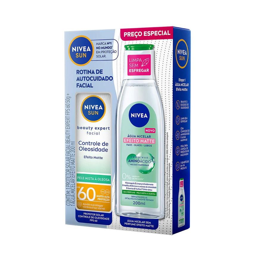 Nivea Sun Kit Nivea Protetor Solar Facial Beauty Expert Controle de Oleosidade FPS 60 50g + Água Micelar Efeito Matte 7 em 1 200ml