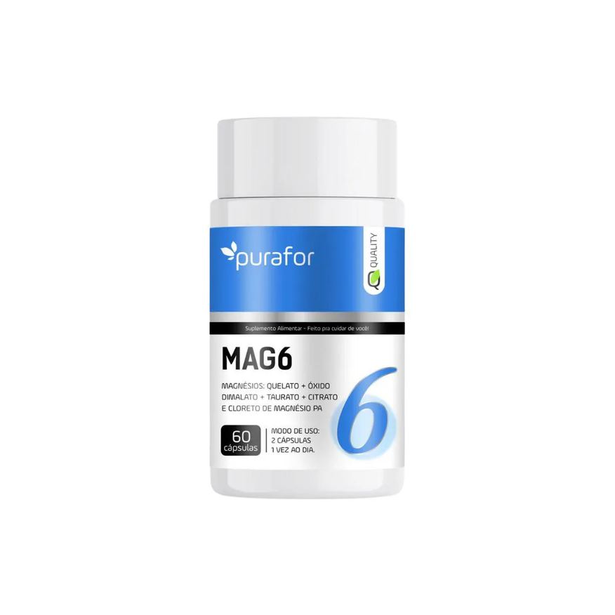 Purafor Mag6 6 Magnésios Quelato + Óxido + Dimalato + Taurato + Citrato e Cloreto de magnésio PA 500mg por cápsula 100%
