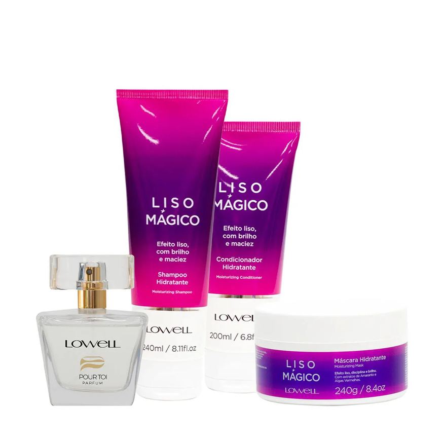 Lowell Liso Mágico Keeping Liss Shampoo Condicionador Máscara e Pour Toi Parfum Cabelo e Corpo (4 Produtos)