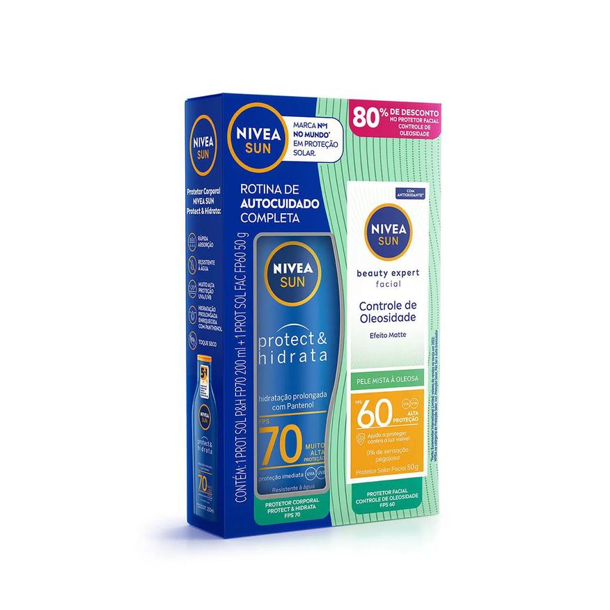 Nivea Sun Kit Rotina de Autocuidado Completa Protetor Solar Protect & Hidrata FPS50 200ml + Protetor Solar Facial Beauty Oleosidade FPS60 50ml