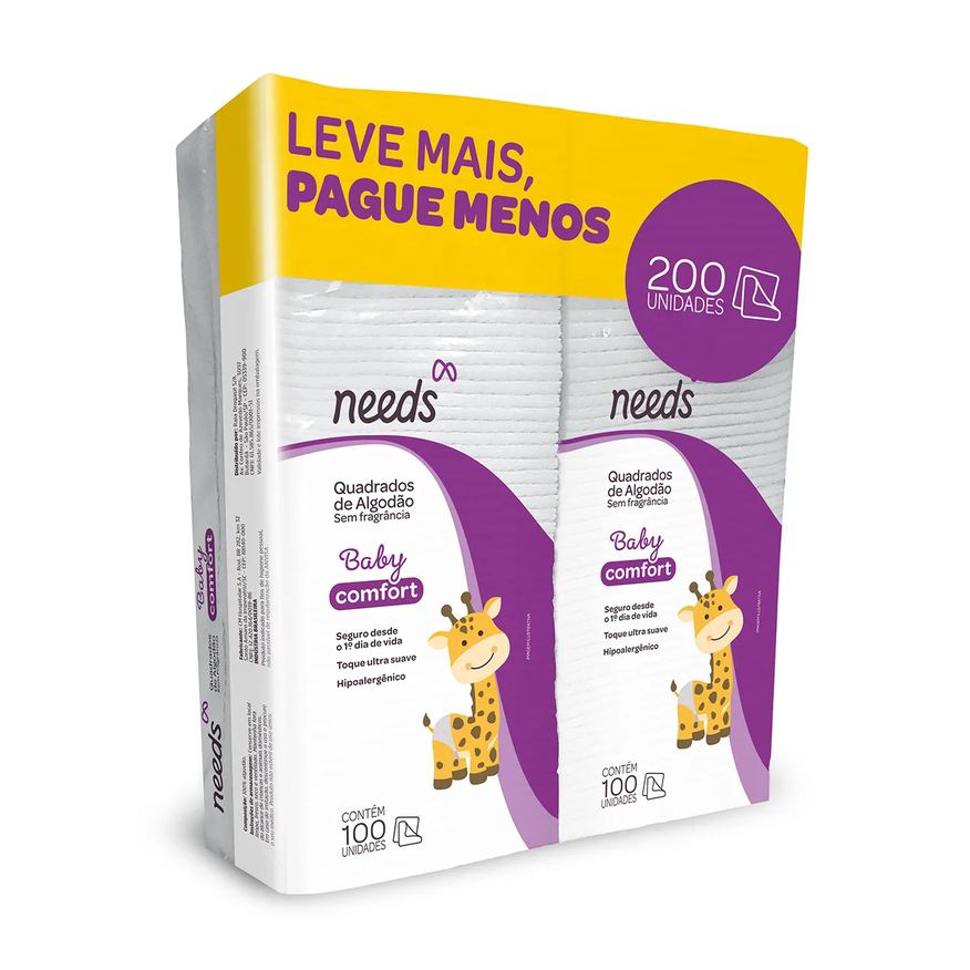 Needs Algodão Quadrado Baby Comfort 200 Unidades