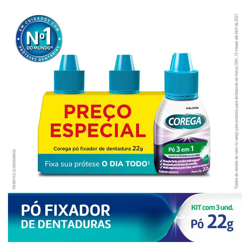 Pó Kit Fixador de Dentadura Corega 3 em 1 22g 3 unidades
