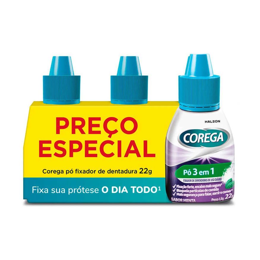 Pó Kit Fixador de Dentadura Corega 3 em 1 22g 3 unidades