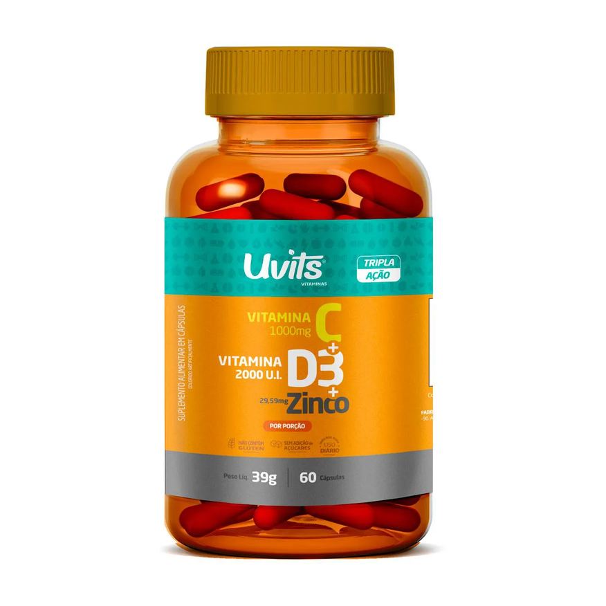 Uvits Vitamina C 1000mg + D3 2000ui + Zinco 29,59mg 60 Cápsulas - Sem Sabor