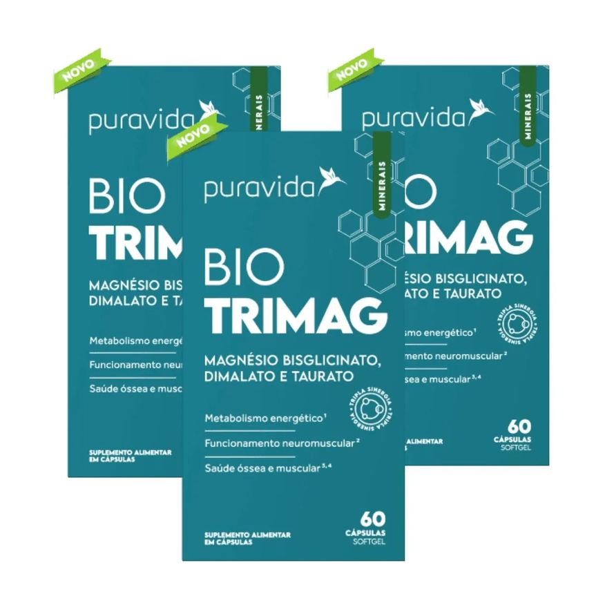 Puravida Kit 3 Bio Trimag 60 cápsulas Magnésio Bisciglinato sem Sabor