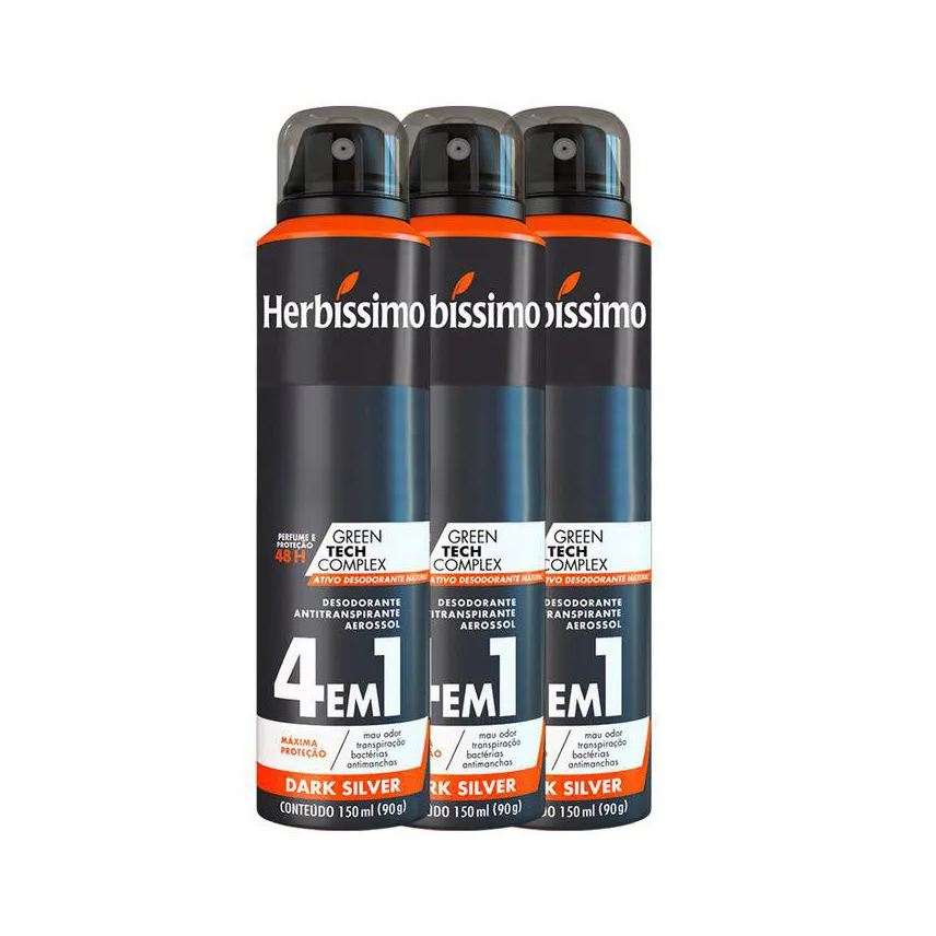 Herbíssimo Kit Desodorante Antritanspirante Aerosol Dark Silver 48h 150ml 3 unidades