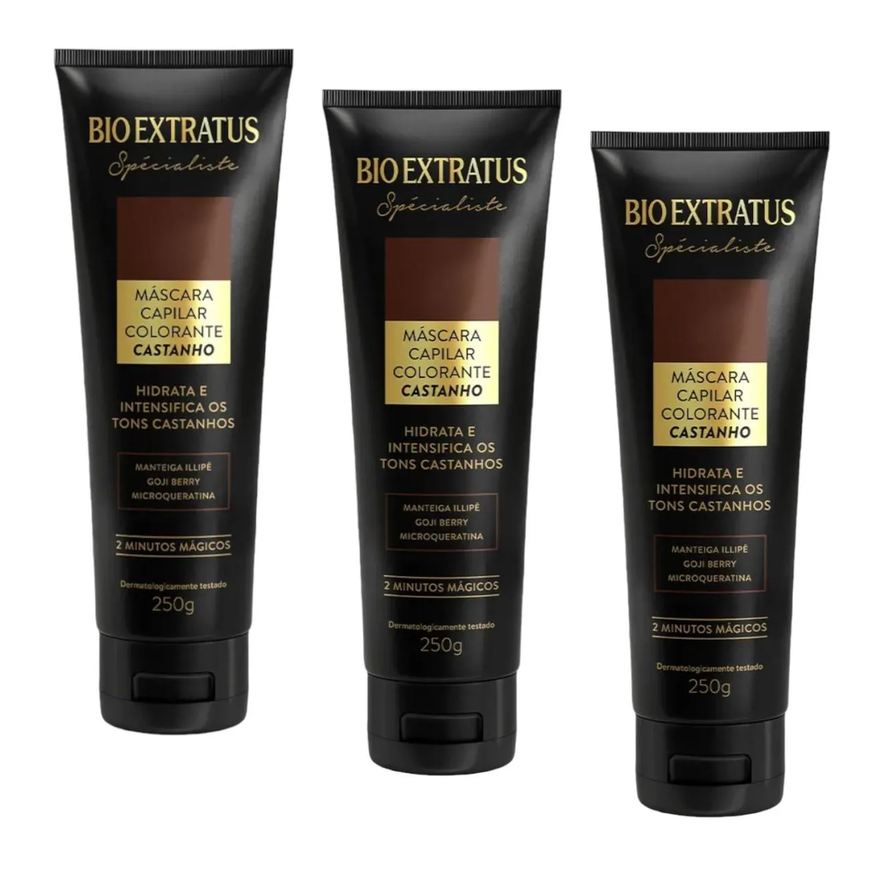Bio Extratus Kit 3 Mascara Colorante Castanha Reaviva A Cor e Trata 250g