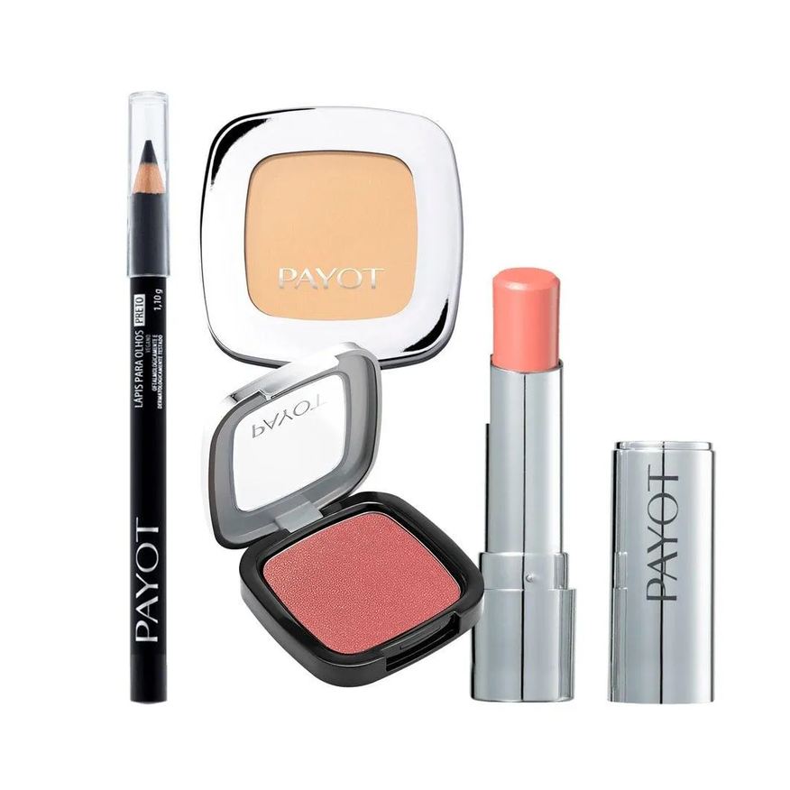 PAYOT KIT MAQUIAGEM BATOM HIDRATANTE NUDE + LáPIS DE OLHOS PRETO + Pó COMPACTO RETINOL COR 20 + BLUSH RETINOL ROSA ILUMINADO