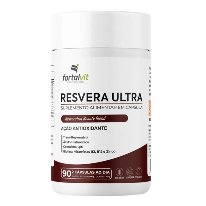 Fortalvit Resvera Ultra, 90 Cápsulas, Beauty Blend, Trans-resveratrol, Ácido Hialurônico, Biotina, Coenzima Q10, Vitaminas B3 e Zinco