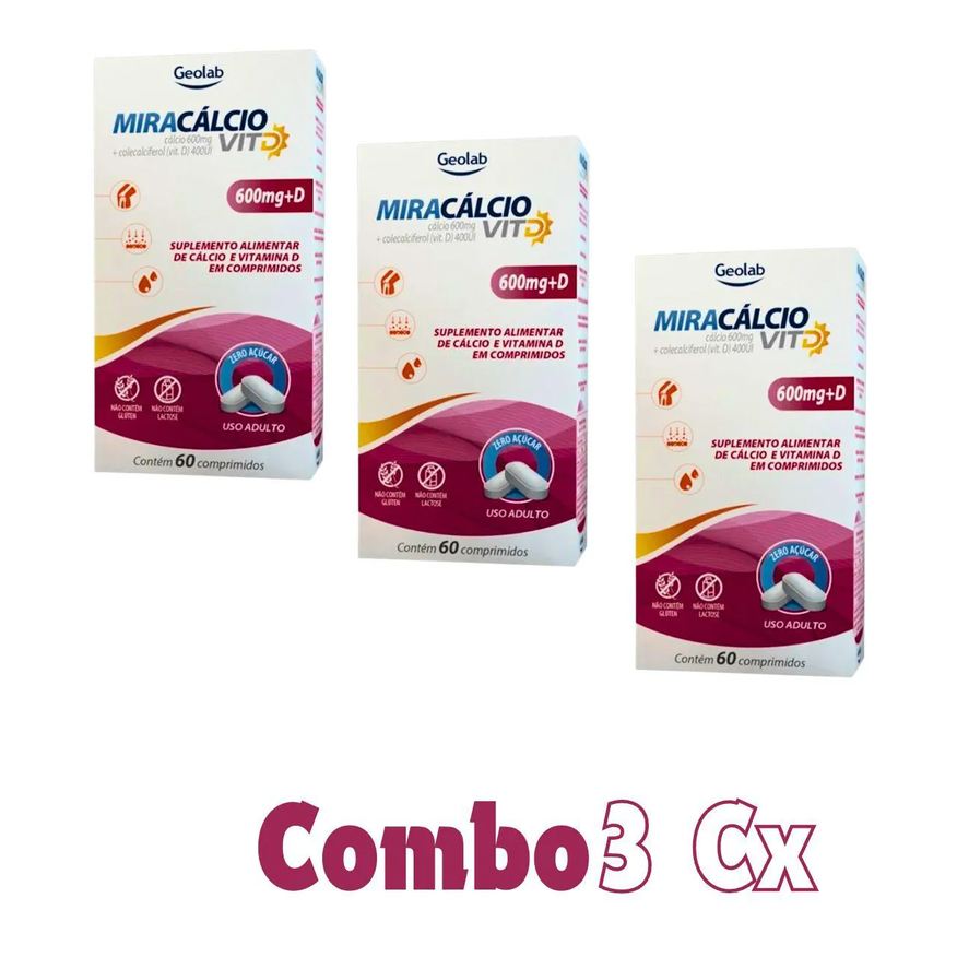 Geolab Calcio 600 com Vitamina D Miracalcio D Composicao Idoso Kit 3