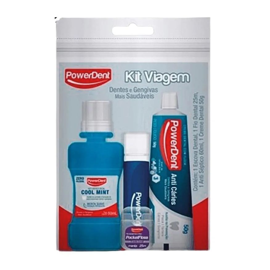 Powedent Kit Viagem Powerdent Creme Dental+escova+fita+enxague Plax