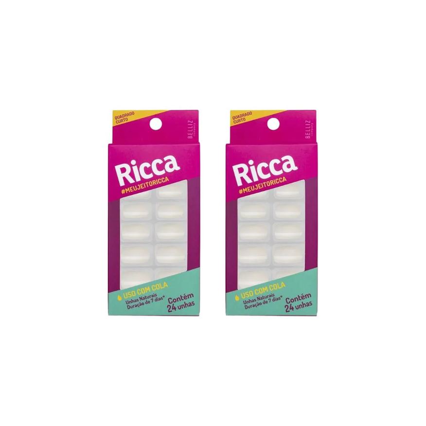 Ricca Unhas Postiças Natural com 24un Quadrado Curto Nat - 2un