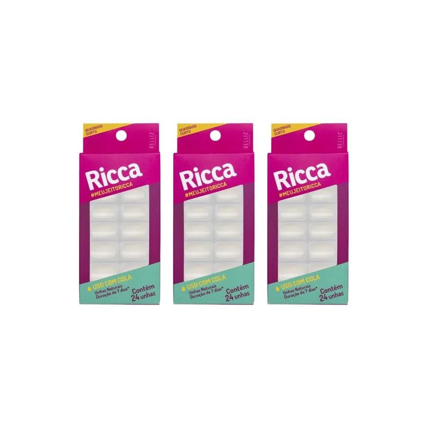 Ricca Unhas Postiças Natural com 24un Quadrado Curto Nat - 3un