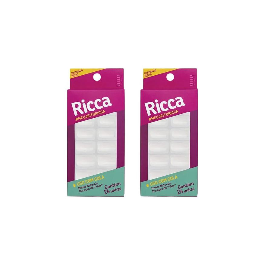 Ricca Unhas Postiças Natural com 24un Quadrado Medio - 2un