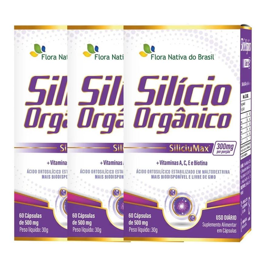 Flora Nativa Do Brasil Kit 3x Silício Orgânico Siliciumax® + Vitaminas 500mg 60 cápsulas - Flora Nativa