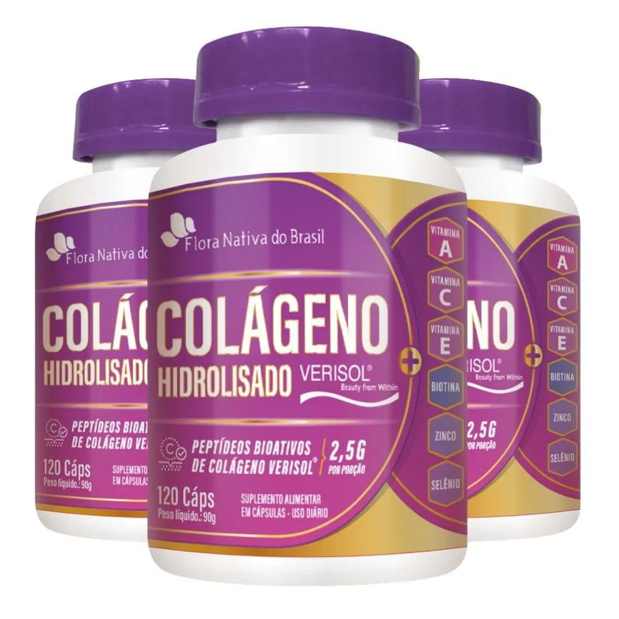 Flora Nativa Do Brasil Kit 3x Colágeno Verisol com Vitaminas 120 cápsulas - Flora Nativa