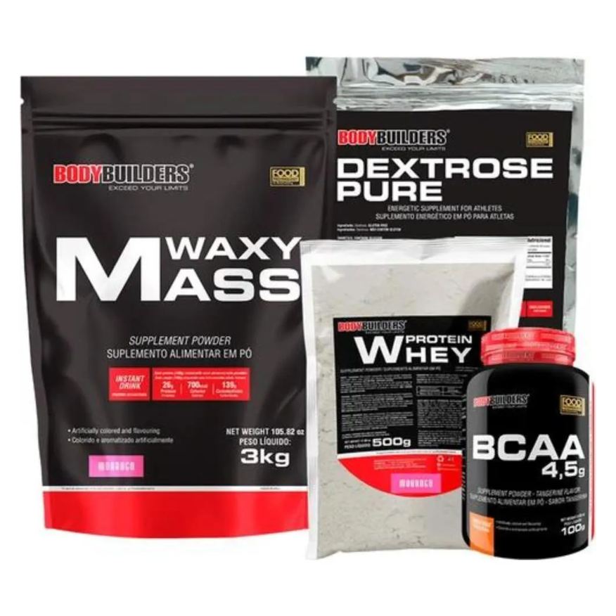 Bodybuilders Kit Hipercalórico Waxy Mass 3kg + Whey Protein 500g + Bcaa 100g + Dextrose 900g - Chocolate