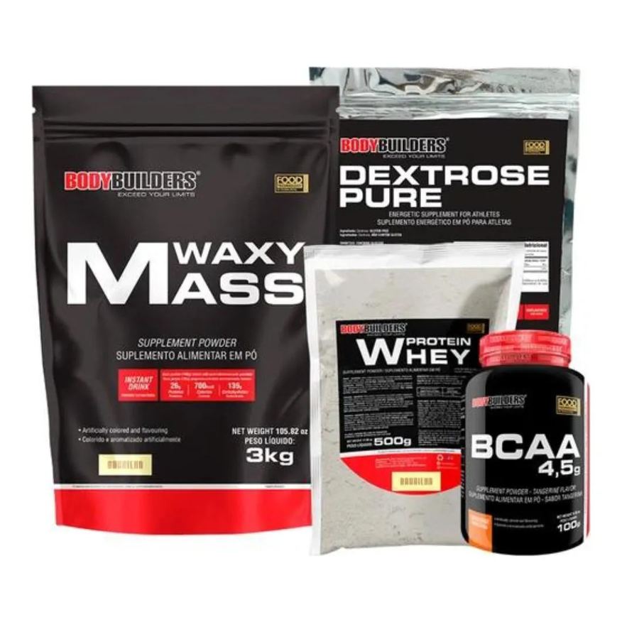Bodybuilders Kit Hipercalórico Waxy Mass 3kg + Whey Protein 500g + Bcaa 100g + Dextrose 900g - Morango