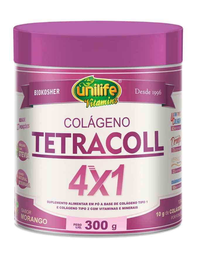 Unilife Colágeno Tetracoll 4 X 1 em Pó - Sabor Morango 300g