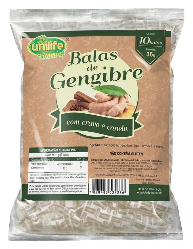Unilife Bala de Gengibre com Cravo e Canela - Caixa com 30 Pacotes de 36g.