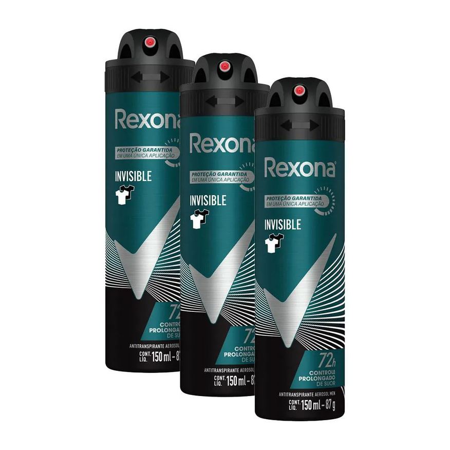 Rexona Kit com 3 Desodorantes Antitranspirantes Aerosol Masculino Invisible 72 Horas 150ml