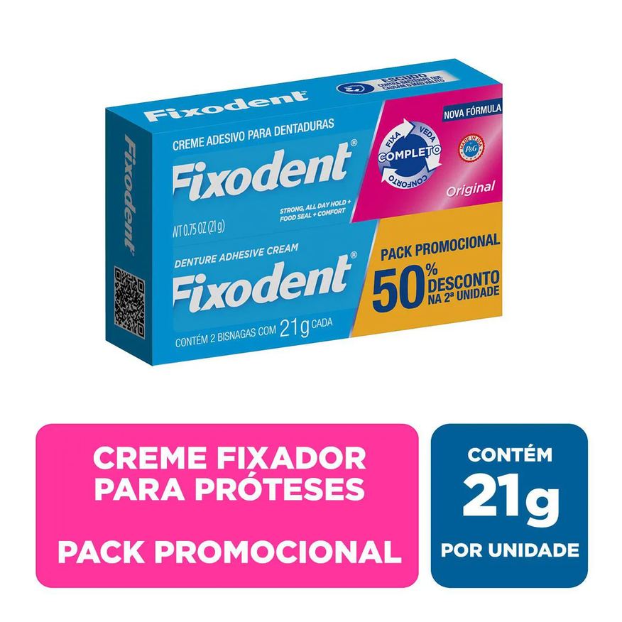 Adesivo Creme para Dentaduras Fixodent Original Pack Promocional com 50% de desconto na 2ª unidade
