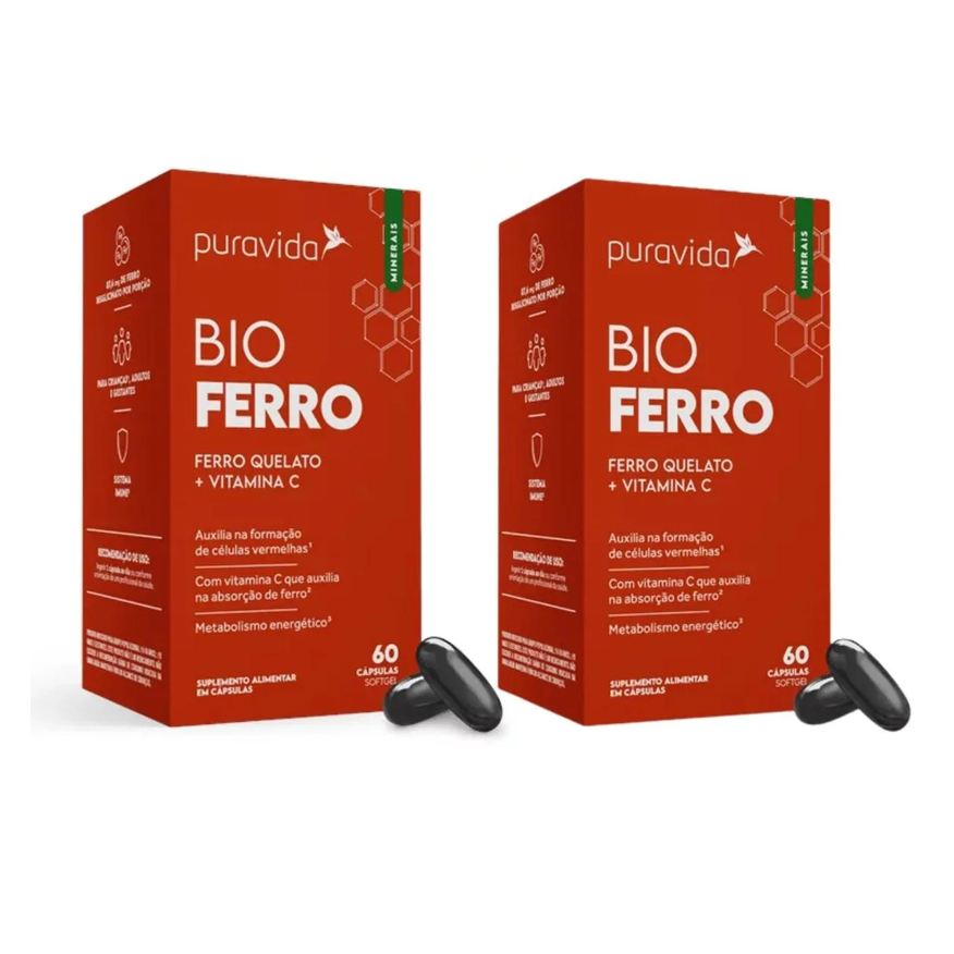 Puravida Kit 2 Bio Ferro Vitaminas C Ferro Quelato 60 cápsulas sem sabor