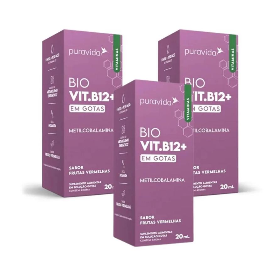 Puravida Kit 3 Bio Vit. B12+ Metilcobalamina Gotas Biodísponivel Frutas Vermelhas