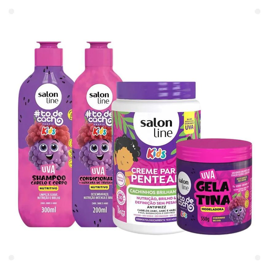 Salon Line Kit Kids: Shampoo e Condicionador + Creme para Pentear 1kg e Gelatina Modeladora Uva
