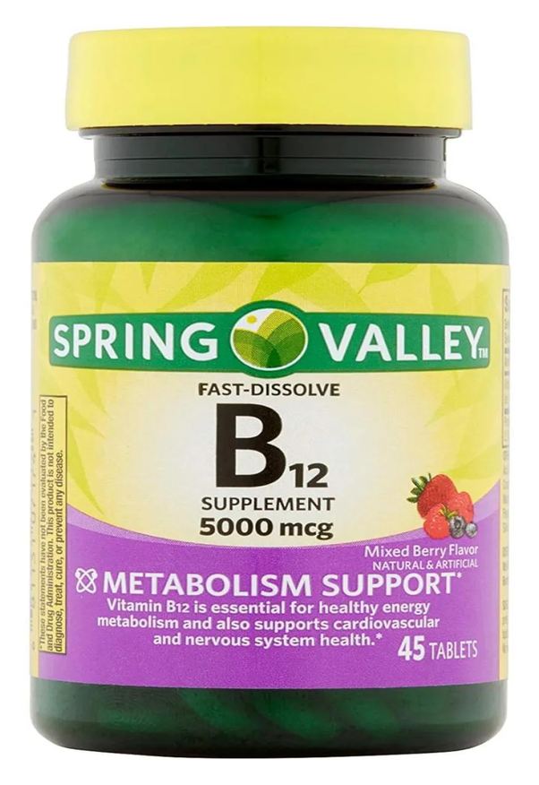 Spring Valley Extra Strength Vitamin B12 Fast Dissolve Tablets, Mixed Berry, 5000 Mcg, 45 Count