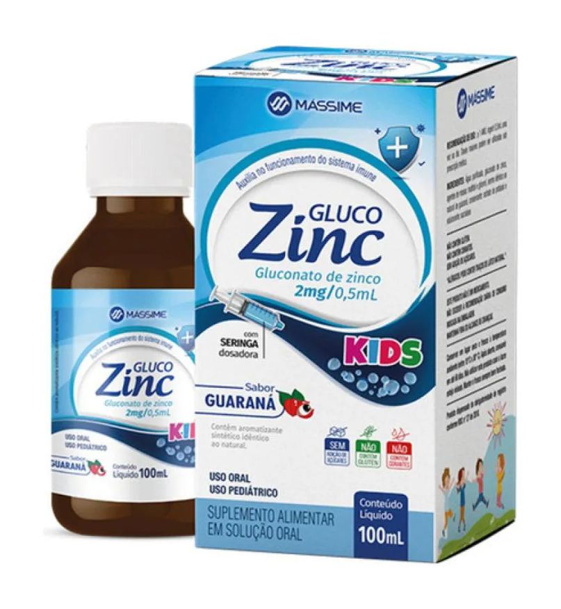 Massime Gluco Zinc Infantil 100ml - Zinco 2mg - Sabor Guaraná - Mássime