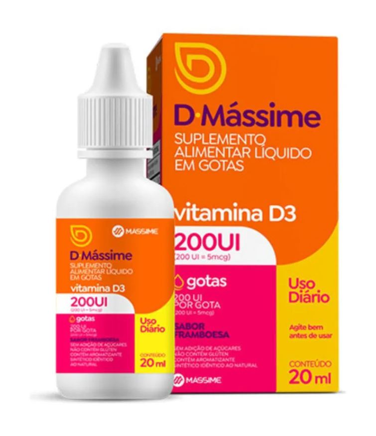 Massime D - Mássime Vitamina D3 200ui em Gotas - 20ml - Sabor Framboesa - Mássime