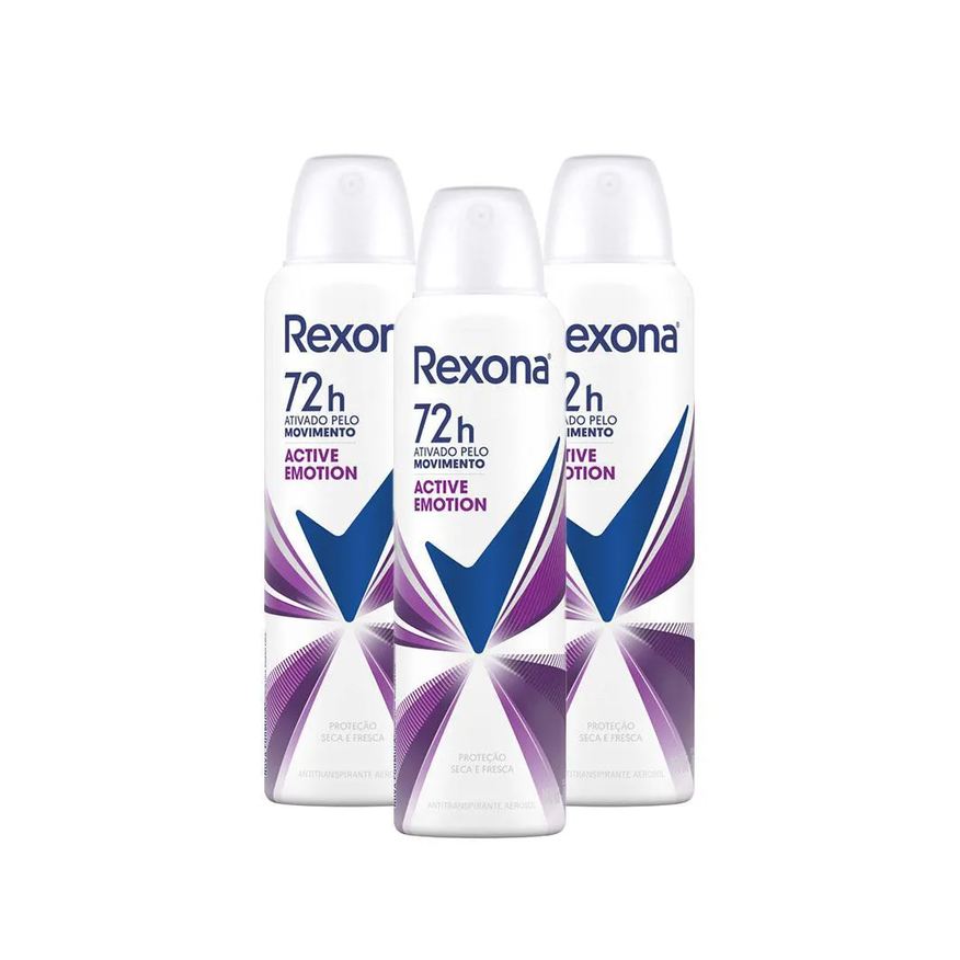 Rexona Kit com 3 Desodorantes Antitranspirantes Aerosol Feminino Active Emotion 72 Horas 150ml