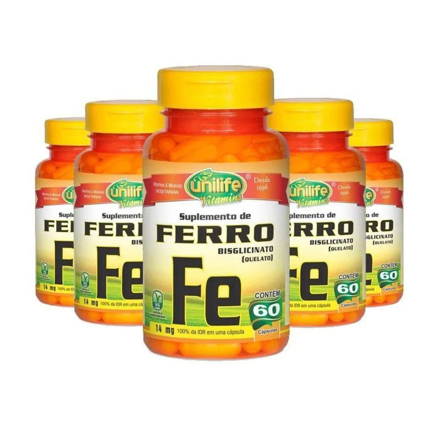 Unilife Kit 5 Ferro Quelato Fe 14mg 60 cápsulas