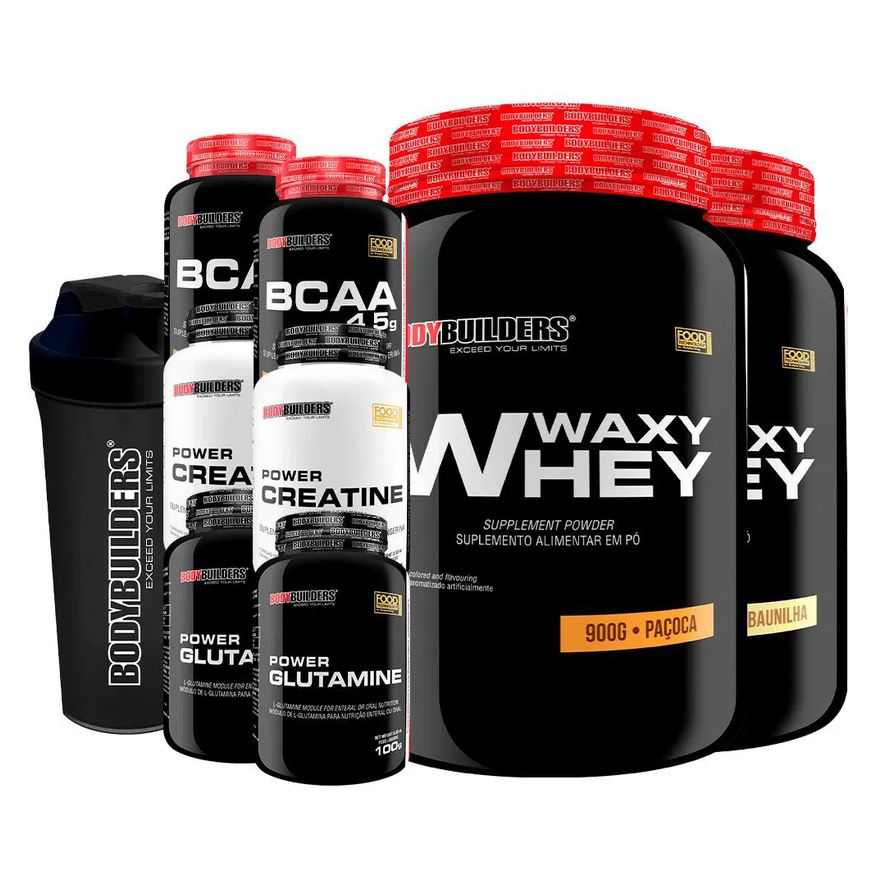 Bodybuilders Kit 2x Waxy Whey 900g + 2x Bcaa 100g + 2x Power Creatina 100g + 2x Power Glutamina + Coq - Baunilha e Paçoca