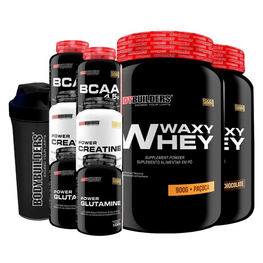 Bodybuilders Kit 2x Waxy Whey 900g + 2x Bcaa 100g + 2x Power Creatina 100g + 2x Power Glutamina + Coq - Chocolate e Paçoca