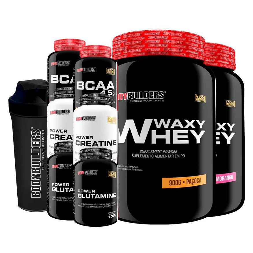 Bodybuilders Kit 2x Waxy Whey 900g + 2x Bcaa 100g + 2x Power Creatina 100g + 2x Power Glutamina + Coq - Morango e Paçoca